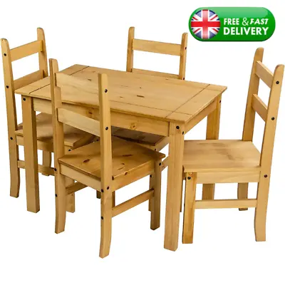 £168.99 • Buy Small Natural Wooden Dining Table And 4 Chairs Set Kitchen Room Rustic Pine NEW