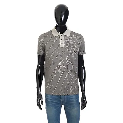 BERLUTI 660$ Polo Shirt - Gray Scritto Jacquard Jersey Cotton Pique • $550
