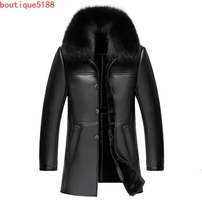 Men Fox Fur Collar Coat Real Sheepskin Leather Jacket Winter Warm Slim Overcoat • $127.17