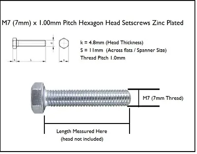 7mm BOLTS GRADE 8.8 HIGH TENSILE FULLY THREADED SETSCREWS ZINC PLATED M7 X 1.0mm • £5.57