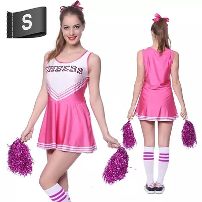 £10.95 • Buy PINK CHEERLEADER DRESS + POMPOMS High Schoolgirl Fancy Dress Halloween American