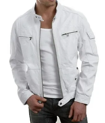 Men's White Cafe Racer Leather Jacket • $154.99
