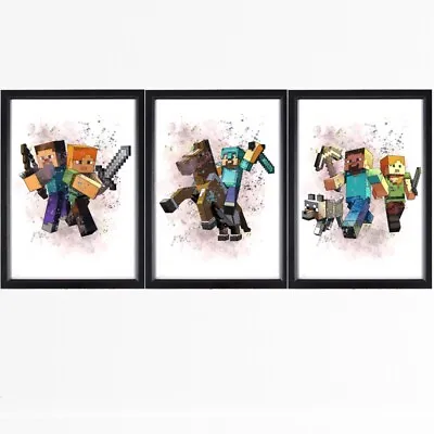Minecraft Gaming PC Xbox PS5 Bedroom Watercolour Effect A4 3x Print Set FRAMED • £40.99