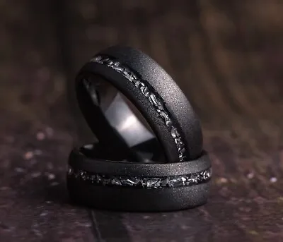 Premium Meteorite Black Tungsten Ring Unique Men's Wedding Band Wooden Box • $99.99