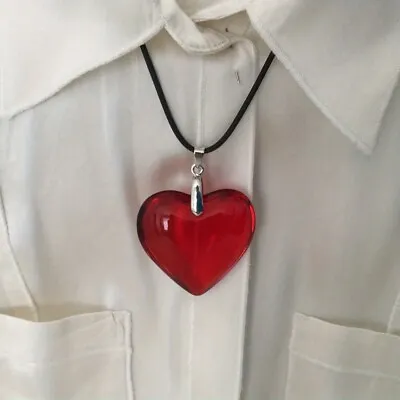 Red Heart Necklace Big Red Glass Heart Pendant Black Leather Rope Neck Jewelry • $2.48