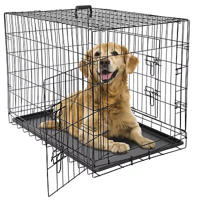 36  Dog Crate Folding Metal Wire Dog Kennel Cage Double Doors With Tray Black • $35.59