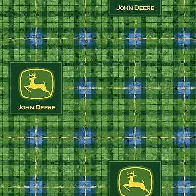 BTY John Deere Tractor Logo Green Tartan Cotton Fabric By The Yard 70259 • $9.95