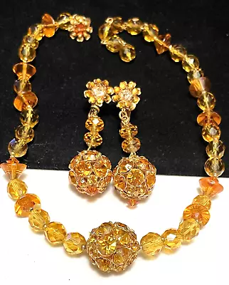 Miriam Haskell Set Choker Necklace Earrings Vintage Signed Gilt Amber Glass A11 • $498