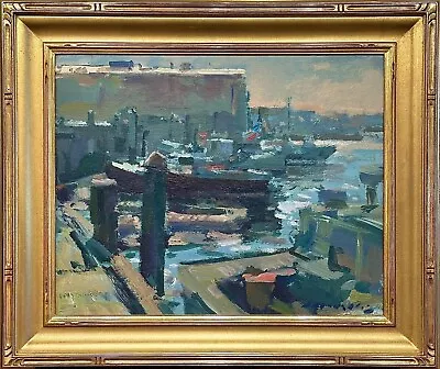 Marine Artist Charles Movalli  Gloucester Pier  Landscape Painting With Boats • $4500