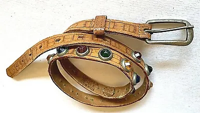 1960's BOHO JEWELED HIPPY HAND STAMP PATTERN LEATHER BELT 30.25  X 5/8   • $40