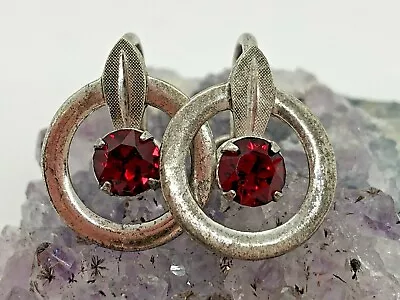 Van Dell Vintage Sterling Silver Red Gemstone Leaf Screw On Earrings 3.2 Grams • $19.20