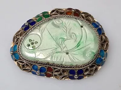 A Fine Qing Dynasty/Republic Period Jade Silver Filigree & Enamel Brooch • $26.11