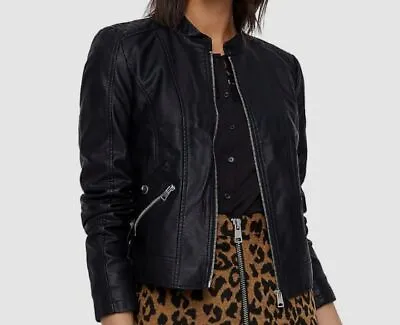 $69 Vero Moda Women's Black Khloe Full-Zip Faux Leather Moto Jacket Size M • $19.98