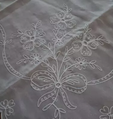 Vintage White Tambour Lawn Style Embroidery Curtain Panel Floral Bows Sheer 63  • $33.43