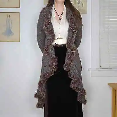 Vintage 90s Y2k Brown Asymetric Fur Collar Cardigan Sweater Size Medium  • $44