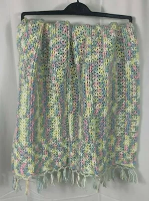 Vintage Handmade Pastel Baby Blanket Afghan Crochet With Fringe Multicolor GUC  • $11.05