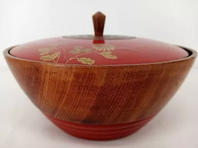 Mid-Century Modern Teak Wood Black Enamel Lined Bowl Red Gold Enamel Cover 6.75  • $24.94