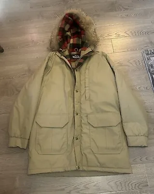 Vtg WOOLRICH Parka Wool Blanket Lined Hood With Coyote Fur Made In USA Sz XL • $52