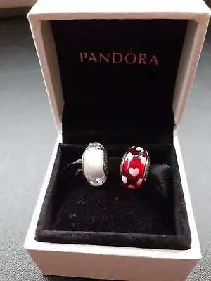 Pandora Murano Red & White Heart Charm & Pandora White Faceted Charm • £6.99