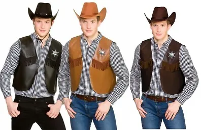 Cowboy Waistcoat Black Or Brown Wild West Western Men's Fancy Dress Accessory • £9.50