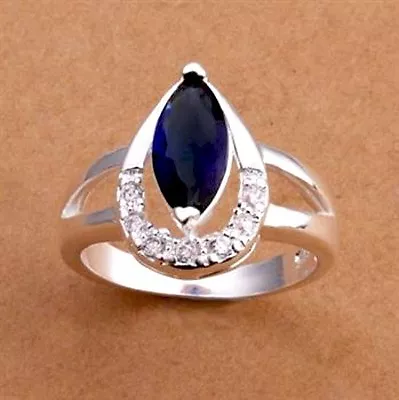 Sterling Silver Plated Pave Faux Diamond & Marque Sapphire Cocktail Ring Size 8 • $14.99