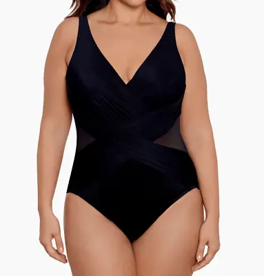 Miraclesuit Sz 14 Black One Piece Swimsuit Tummy Control Crossover Soft Cup NEW • $110.48