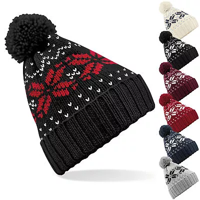 Beechfield Unisex Fair Isle Snowstar Pom Pom Warm Wooly Winter Beanie Bobble Hat • £12.65