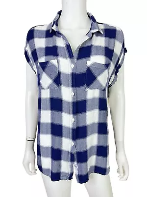 Rails Blouse Shirt Top Britt Cap Sleeve Blue Plaid Collared Button Front Size L • $19