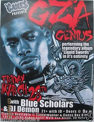 GZA GENIUS  LIQUID SWORDS  2010 SAN DIEGO CONCERT TOUR POSTER -Wu Tang Clan Rap • $14.51