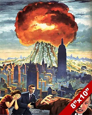 Cold War Era Us Propaganda Atomic Bomb Explosion In City Poster On Real Canvas • $14.99