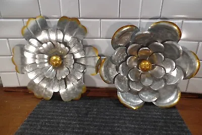 Set Of 2 Galvanized Metal Flower Sculpture Wall Hanging Home Decor 14 Floral Art • $19.95