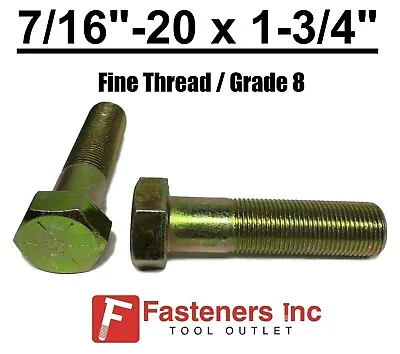 7/16-20 X 1-3/4  (PT) Hex Bolt Yellow Zinc Plated Grade 8 Cap Screw Fine Thread • $9.83