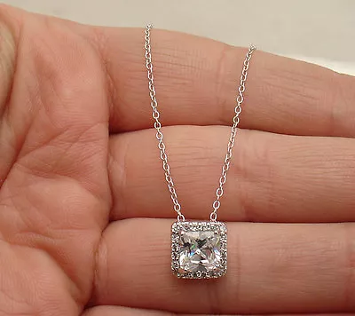 Clear Diamonique Princess Cut CZ Pendant Cable Chain REAL 925 STERLING SILVER  • $27.97