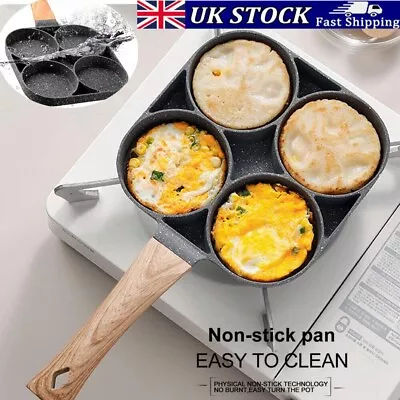 4 Hole Egg Pan Burger Ham Pancake Maker Wooden Handle Frying Grill Non-stick UK • £8.79