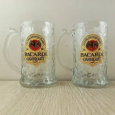BACARDI OAKHEART 2 Beer Glass Stein Tankard Spiced Rum Bat Imprint Base Of Glass • $22.50