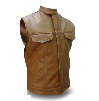 Mens Biker Style SOA Vest Real Cow Leather Brown Motorcycle Vest Waistcoat • £69.99