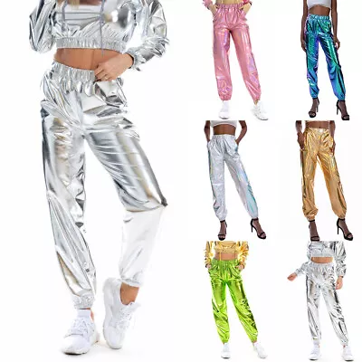 Women's Shiny Trousers Wet Look Disco Dance Pants Joggers Sweatpant UK • £9.39