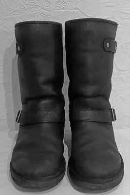 Ugg Tall Leather Moto Boots Black With Sheepskin Interior Warm Womens 8 • $31