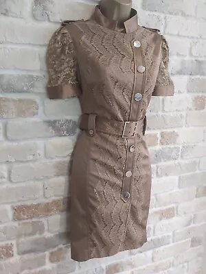 Karen Millen Gold Brown Lace Adorned Safari Belted Military Dress Size UK 12 • £14.99