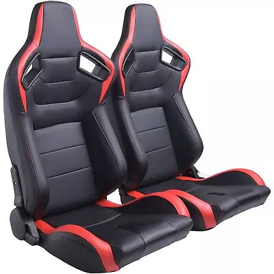 Universal Adjustable Racing Bucket Seats Black PVC Leather & 2 Dual Sliders 2PCS • $387.99