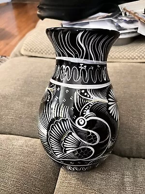 Large Redware Black & White Bird/Floral Glazed Gold Flakes Accented • $18