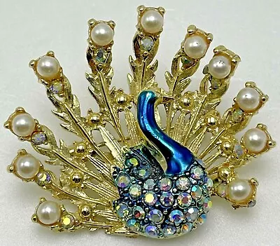 Vintage Unsigned Peacock Brooch Pin Blue Enamel Rhinestones Figural • $29.95