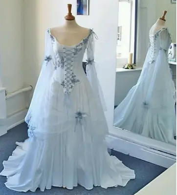 Vintage Gothic Wedding Dresses Long Sleeve Sky Blue Tulle Medieval Bridal Gowns • $139.87
