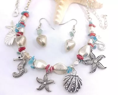 (W) Seahorse Shell Starfish Coral Turquoise Glass Nautical Necklace Earrings SET • $6.99
