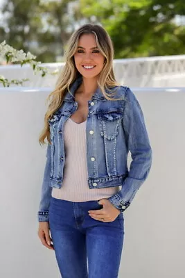 Ladies Designer Crop Medium Blue Denim Jacket 8 10 NWT • $49