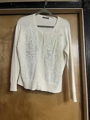 Michael Simon White Crochet Sequin Cardigan Sweater Snowmen XL • $89