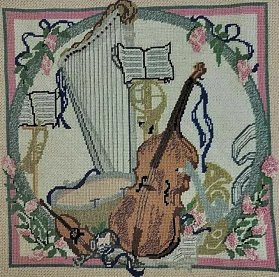 Musical Needlepoint Finished Instrument Floral Violin Cello Bass Viola Music Vtg • $28.95