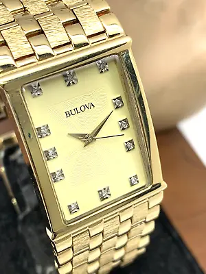 Bulova Men's Watch 97F52 Quartz Rectangle Diamond Dial Gold Steel Wide Band • $199.75