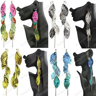 8 Long SNAKE SKIN PRINT Massive BIG SUMMER EARRINGS Large Snakeskin Leaf CHAINS • £3.88