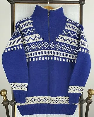 ANONYMOUS Nepal Made Size Small Mens 100% Wool Hand Knit 1/4 Zip Sweater Blue • $127.30